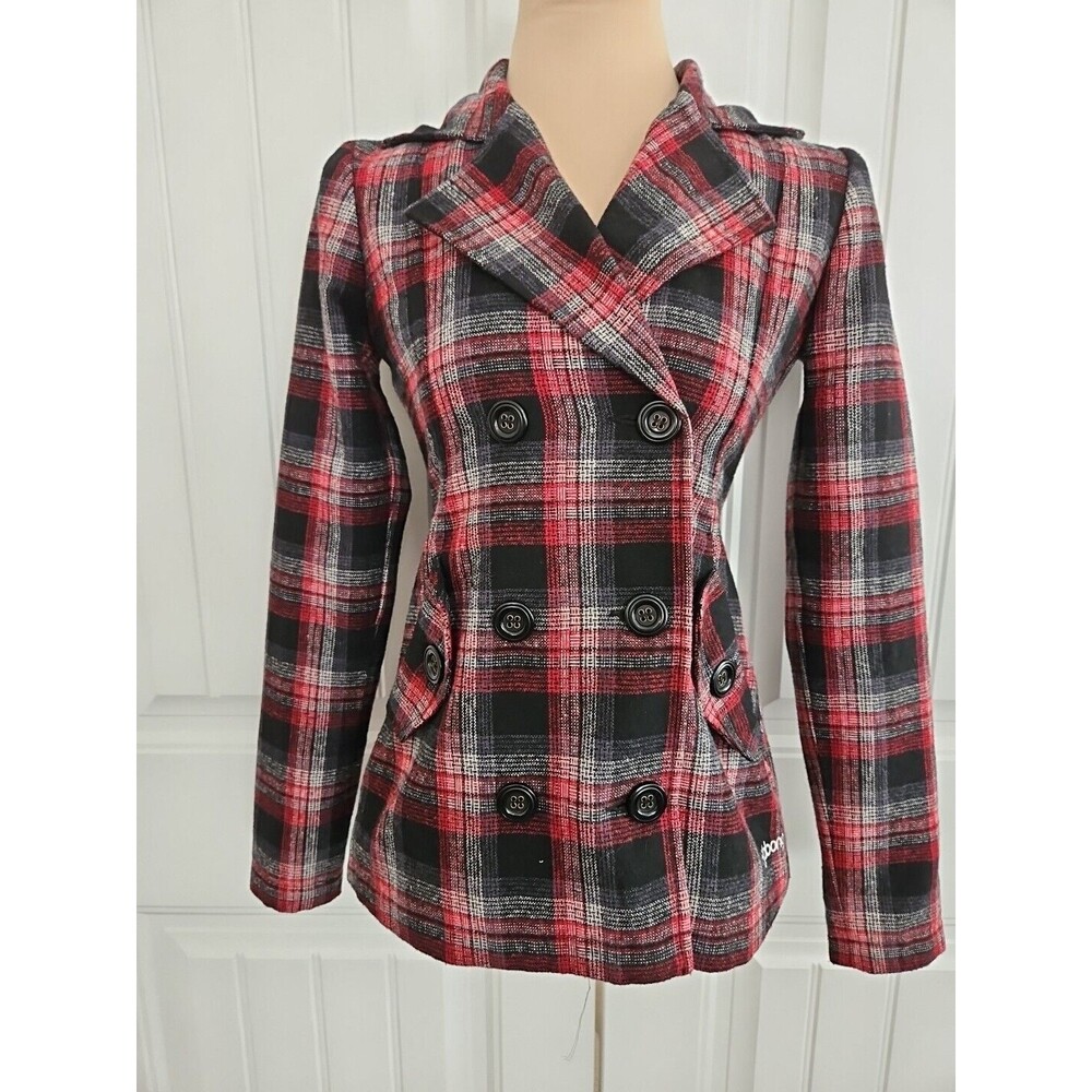 BILLABONG Wool Blend Red/Black Plaid Pea Coat Size S Academia Nwot Preppy Lined
